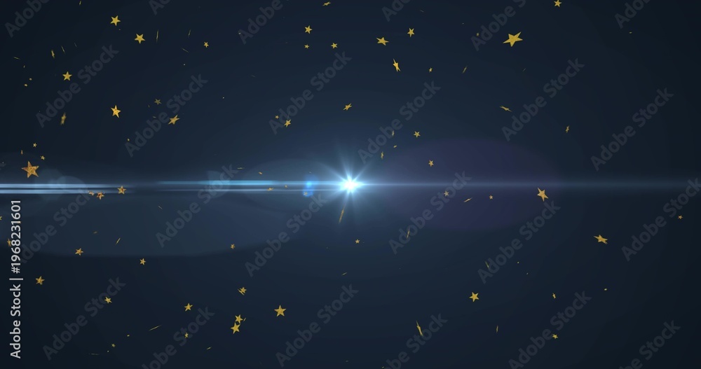 Fototapeta premium Radiating central white-blue flare sending wide lens streaks across navy studio, golden confetti