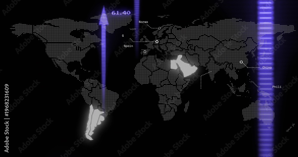 Fototapeta premium Showing dotted world map with South America and Arabia lit on screen with purple beam, labels