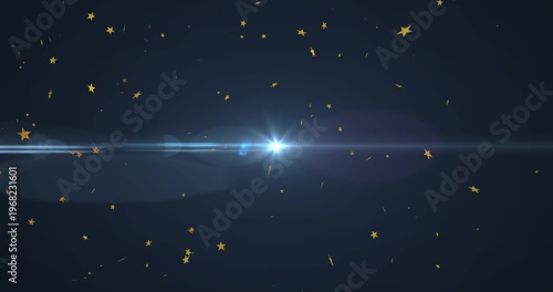 Radiating central white-blue flare sending wide lens streaks across navy studio, golden confetti