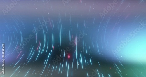 Racing cyan and magenta streaks framing central dark triangle in purple teal tunnel with particles