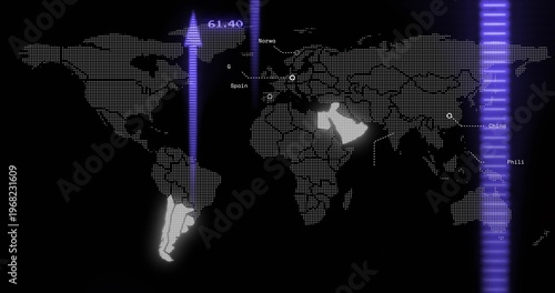 Showing dotted world map with South America and Arabia lit on screen with purple beam, labels