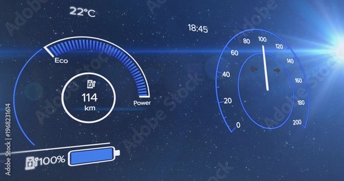 Displaying vehicle HUD over stars, showing speedometer, Eco or Power gauge, range 114 km, battery 10