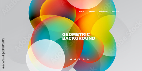 Abstract colorful shapes overlap. Text includes geometric background, plus menu options work, about, portfolio, contact. Minimalist design.