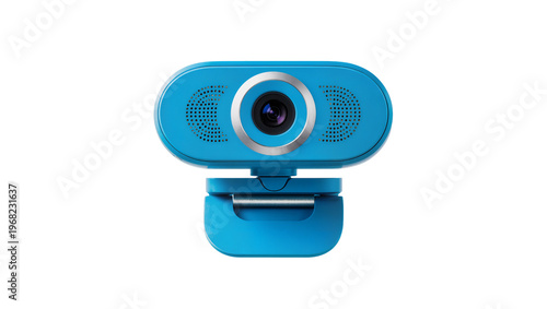 Modern blue webcam with integrated microphone and textured surface, isolated on transparent background for video conferencing and online streaming