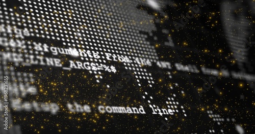 Showing screen with blurred console text pixel grid text bands blurred glyphs gold bokeh at desktop