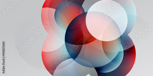 Abstract circles overlap, creating vibrant red, blue, white gradients. Minimalist design against dark background. Smooth transitions present.