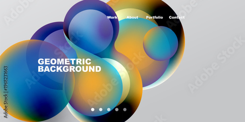 Abstract colorful shapes overlap. Text includes geometric background, plus menu options work, about, portfolio, contact. Minimalist design.