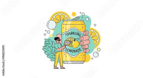 Hand holding sparkling lemonade can with lemons and bubbles, refreshing summer drink illustration