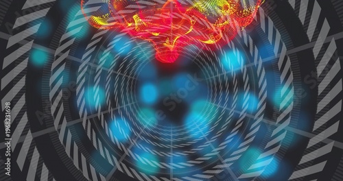 Spiraling chevrons pulling into core in 3D tunnel, with grid lines, cyan orbs, red-yellow ribbon