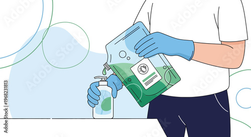 Hand Pouring Green Liquid from Large Container into Dispenser Bottle