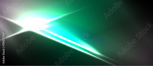Abstract light streaks, vibrant green hues dominate. Bright flare creates dynamic visual impact, dark background contrasts sharply.