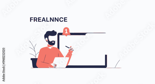 Bearded Man Working on a Digital Whiteboard Illustration.