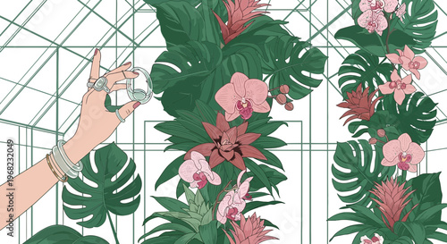 Hand with Rings Watering Orchid Plants in Greenhouse Botanical Art
