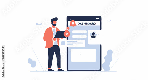 Bearded man holding laptop in front of dashboard interface.