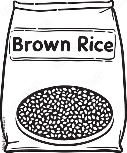 Black and white brown rice bag vector illustration for food packaging nutrition agriculture and healthy diet design