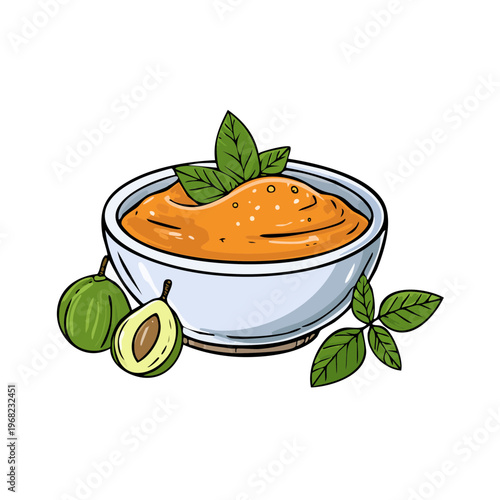 Delicious orange spread in a bowl with fresh basil leaves and avocado halves on a white background