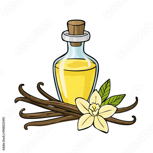 Extract bottle with vanilla beans and flower illustration