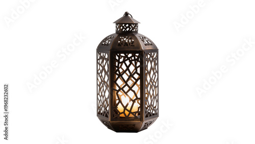 Ornate bronze lantern with intricate geometric cutouts and a glowing candle inside, isolated on transparent background for decorative design elements