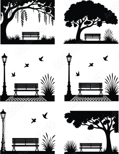 Park scene silhouettes with benches and lampposts