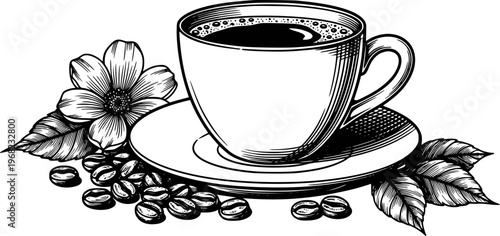 Black and white of a coffee cup with flower and beans white background drink beverage