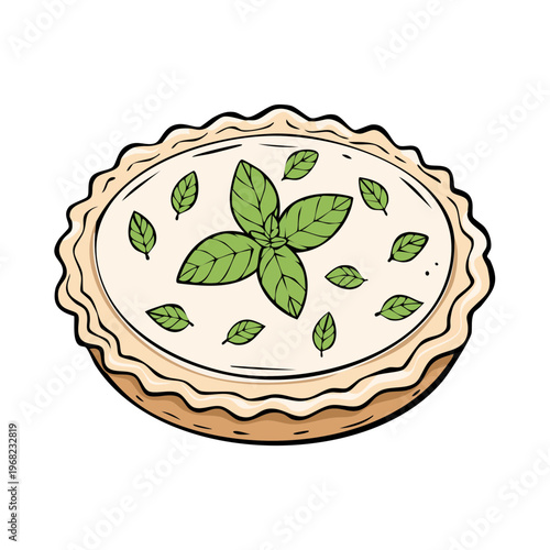 Hand-drawn illustration of a savory pie garnished with fresh basil leaves