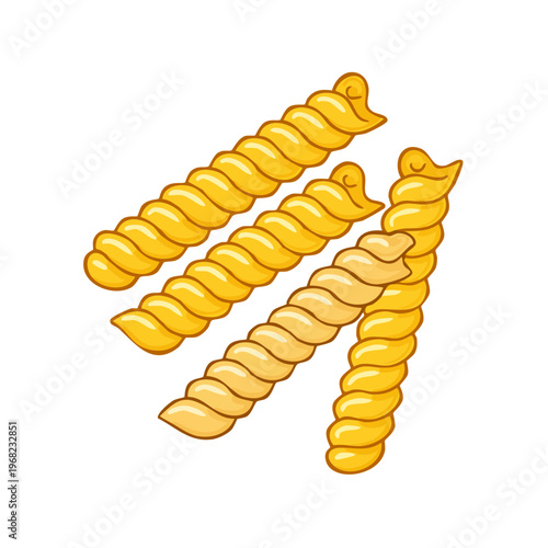 Four golden yellow rotini pasta shapes spiraling in a modern graphic illustration