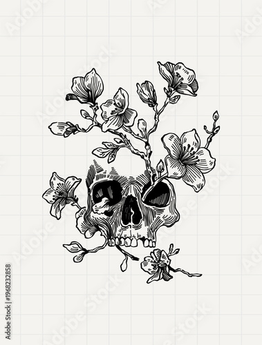 Dark Botanical Skull with Flowers and Branches Engraving