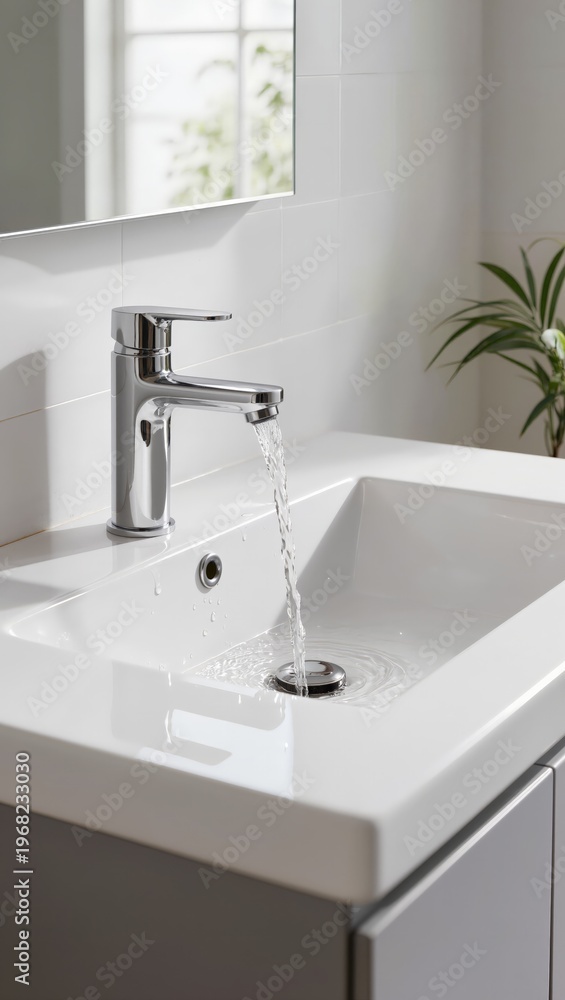 Fototapeta premium A modern bathroom sink with a water leak from the faucet, creating a small stream of water flowing into the white porcelain basin, with a mirror and window in the background.