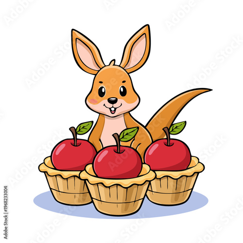 Cartoon Kangaroo with Three Apple Tarts, Cute Australian marsupial character holding sweet pastries