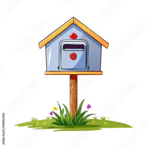 Charming cartoon mailbox with red poppy accents and a wooden post standing in green grass with flowers