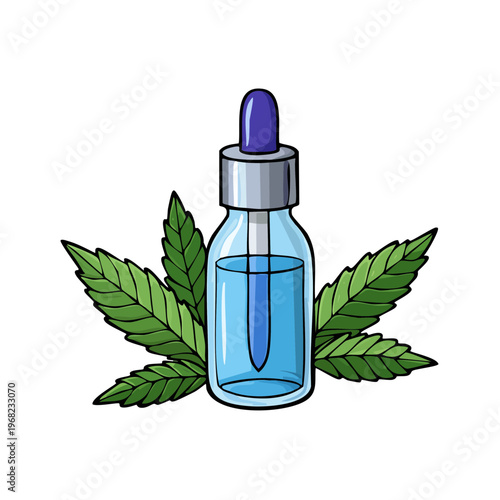 Glass dropper bottle with blue liquid and cannabis leaves, healthy botanical extract and medicine concept