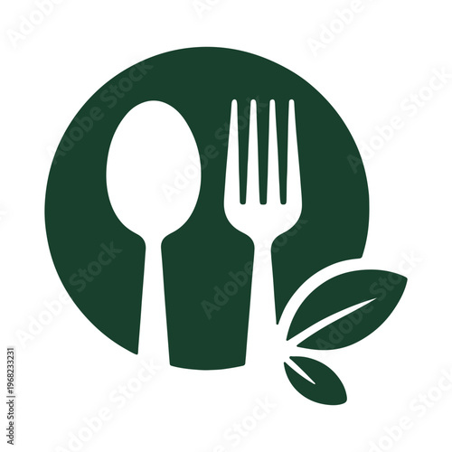 Eco-friendly dining symbol featuring utensils and leaf design