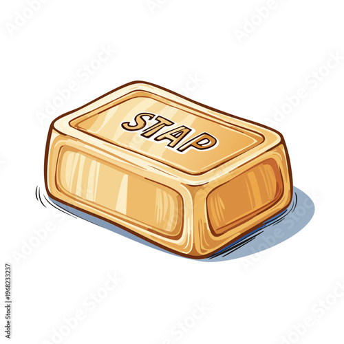 Golden bar of soap with STAP inscribed, isolated on white background illustration