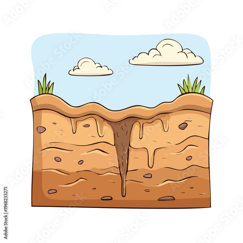 Cross section of soil showing sinkhole formation and underground layers with grass and clouds