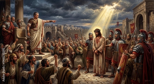 Jesus is condemned to death. Pilate issues the sentence. A scene from the Holy Scriptures.