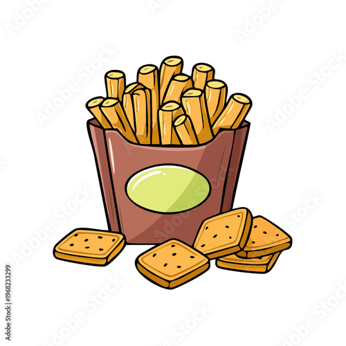 Crispy potato fries served in a brown carton with a green label and square crackers