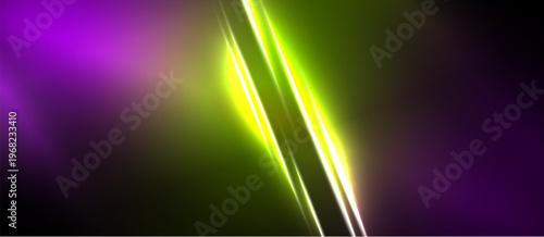 Abstract background features vibrant purple, green hues. Diagonal light streaks create dynamic visual effect. Smooth gradients dominate composition.