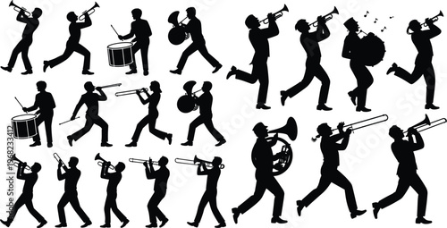 Marching band musicians silhouettes 