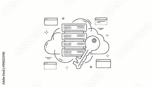 Cloud data security concept with key and servers, secure access illustration.