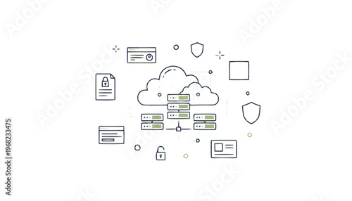 Cloud Computing and Data Security Illustrated with Line Art.