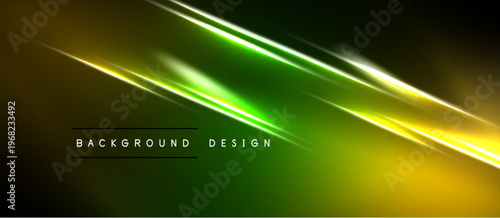 Abstract background features vibrant yellow, green light streaks. Dark edges create dramatic contrast, modern design element.