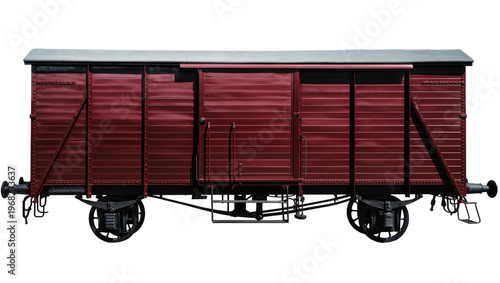 Foto Vintage maroon freight railcar with sliding doors riveted metal panels and detai