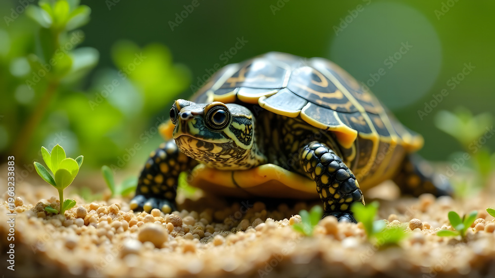 Obraz premium This stunning close-up captures a vibrant turtle exploring its natural habitat. The intricate patterns on its shell and the soft background create a serene atmosphere.
