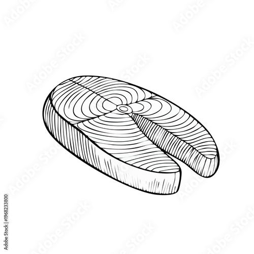 Hand drawn illustration of a raw salmon steak with visible flesh rings