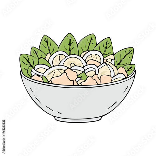 Fresh garden salad with spinach and sliced fruit in a simple bowl hand drawn illustration