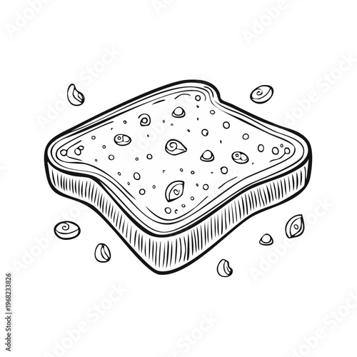 Hand drawn illustration of a slice of raisin bread with floating raisins a conceptual breakfast food item