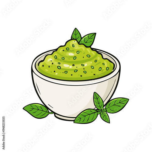 Delicious green pesto sauce in a white bowl garnished with fresh basil leaves for Italian cuisine