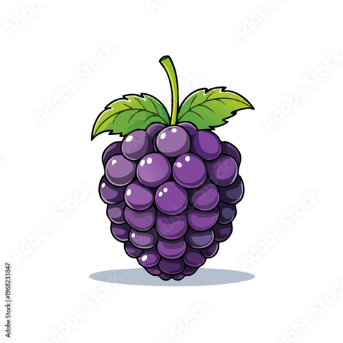 A vibrant illustration of a single ripe blackberry with green leaves and a stem