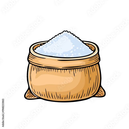 Sketch style drawing of a burlap sack overflowing with coarse white sugar or salt crystals