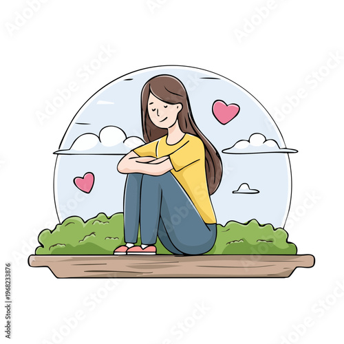 Young woman sits peacefully outdoors surrounded by hearts and clouds in a whimsical drawing